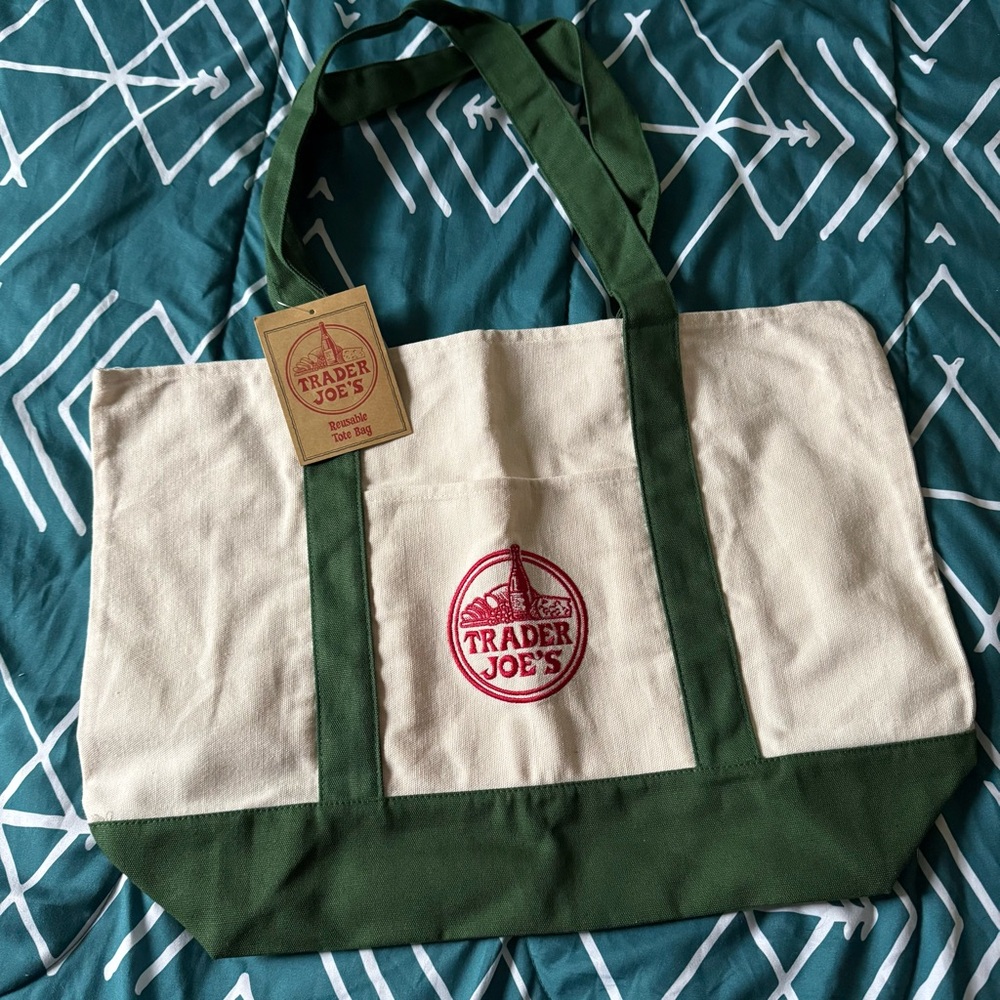 Trader Joe's Cream and Green Canvas Tote Bag